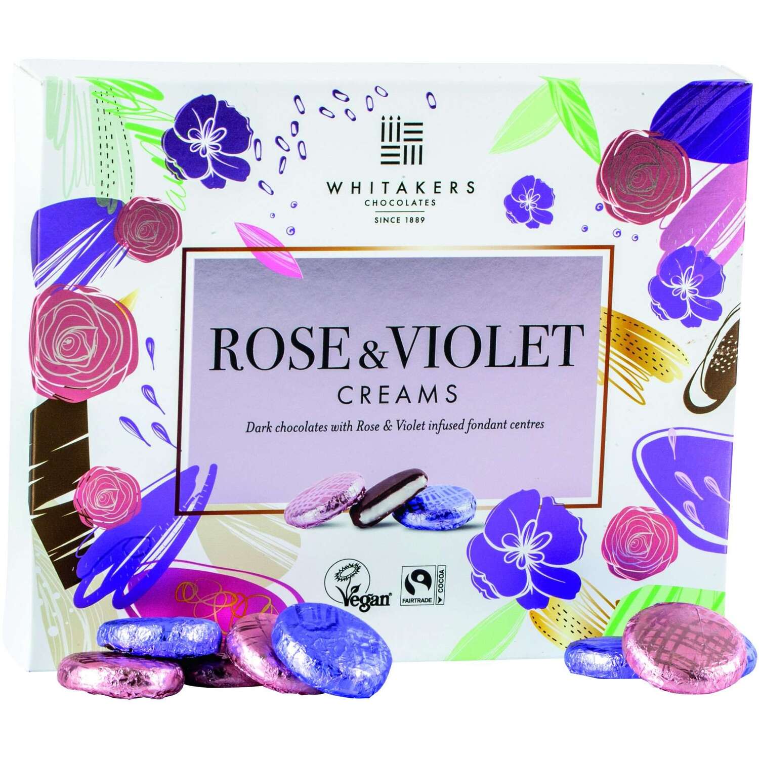 Whitakers Foiled Dark Chocolate Rose and Violet Creams in Carton