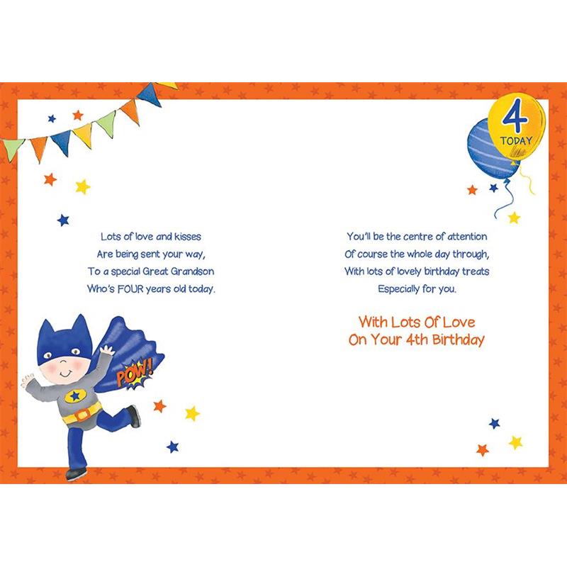 Great-Grandson 4th Birthday Card - Super Hero