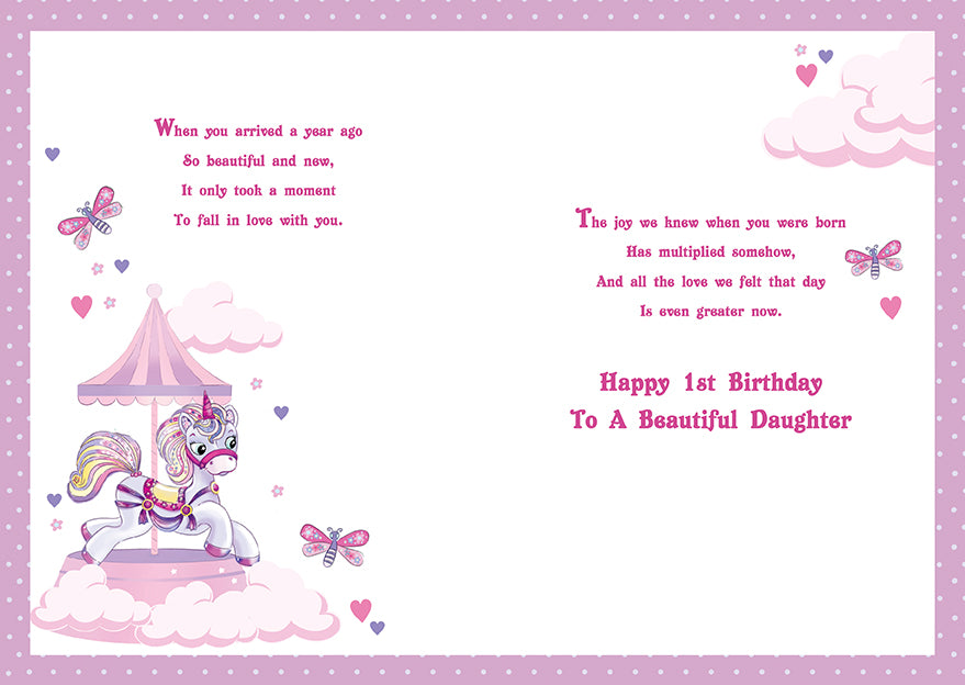 Daughter 1st Birthday Card - Unicorn Merry Go Round