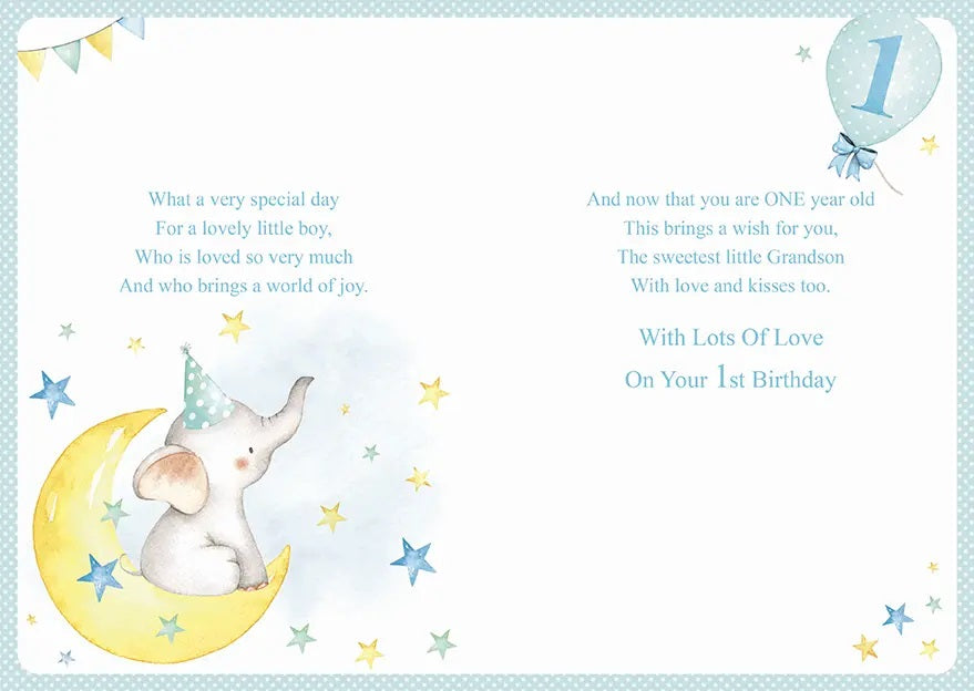 Grandson 1st Birthday Card - Elephant on the Moon