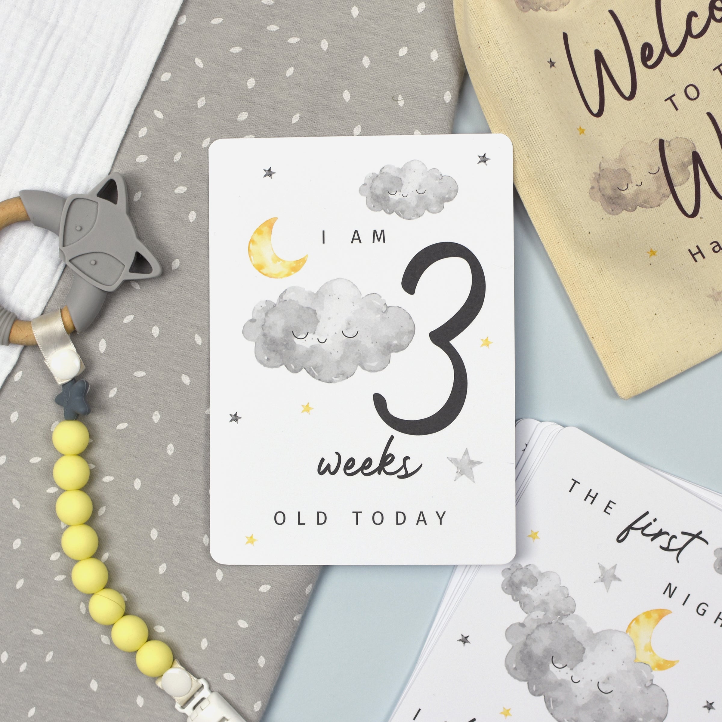 Personalised Cloud Baby Milestone Cards In Drawstring Bag