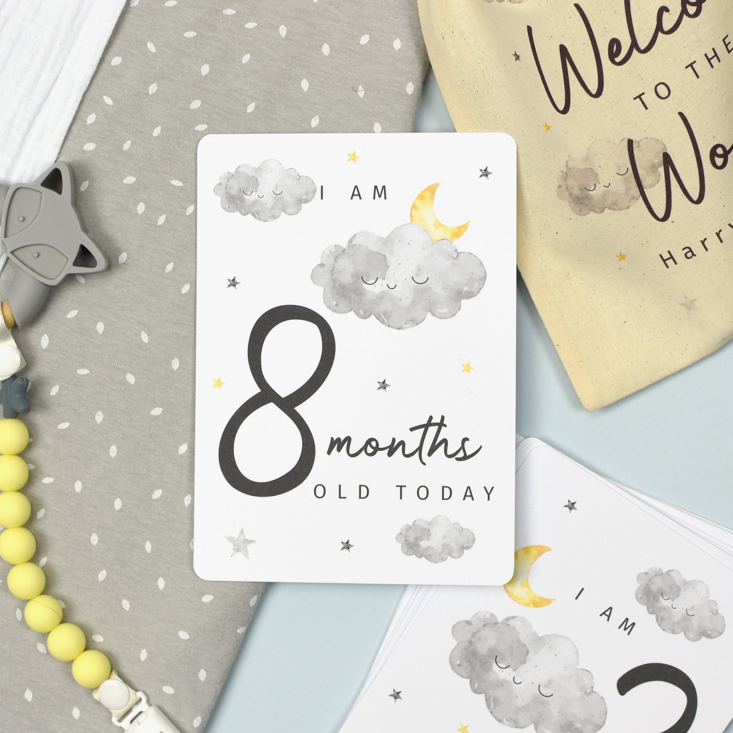 Personalised Cloud Baby Milestone Cards In Drawstring Bag