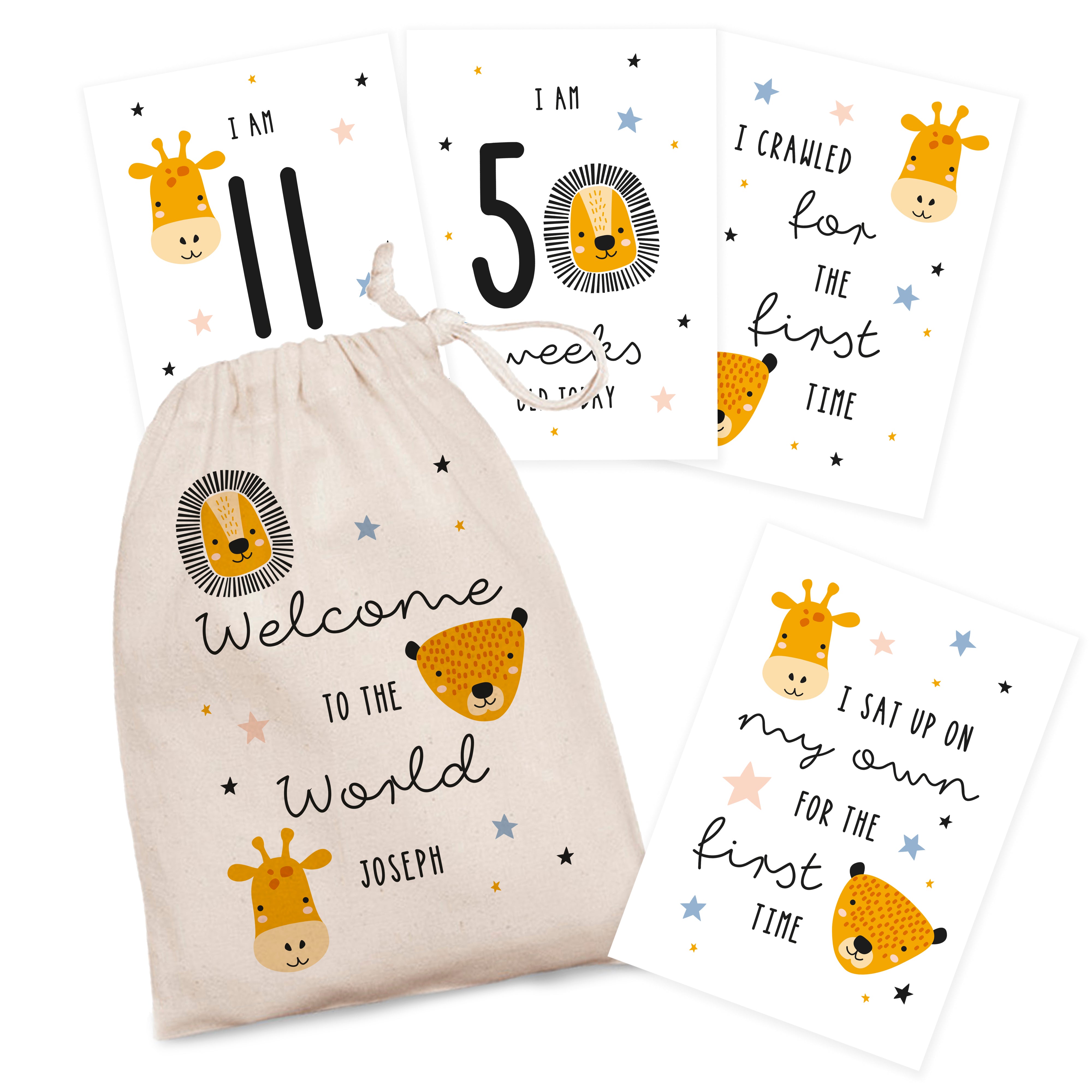 Personalised Scandi Safari Animals Milestone Cards in Drawstring Bag