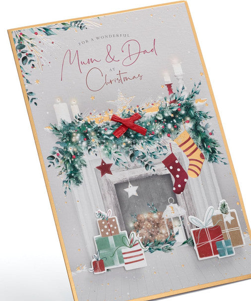 Mum & Dad Christmas Card - Fireplace Stockings and Presents