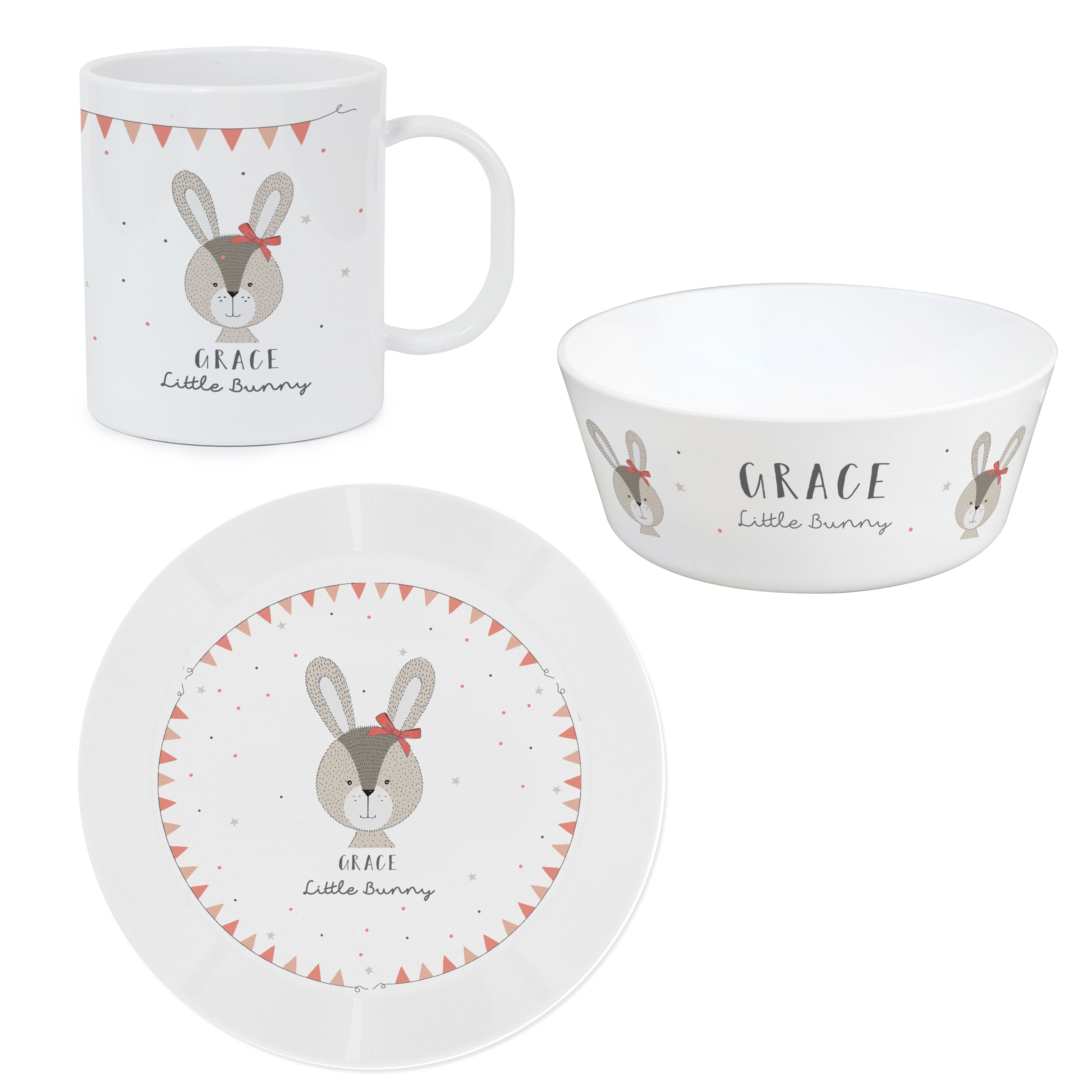 Personalised Little Bunny Pink Plastic Breakfast Set