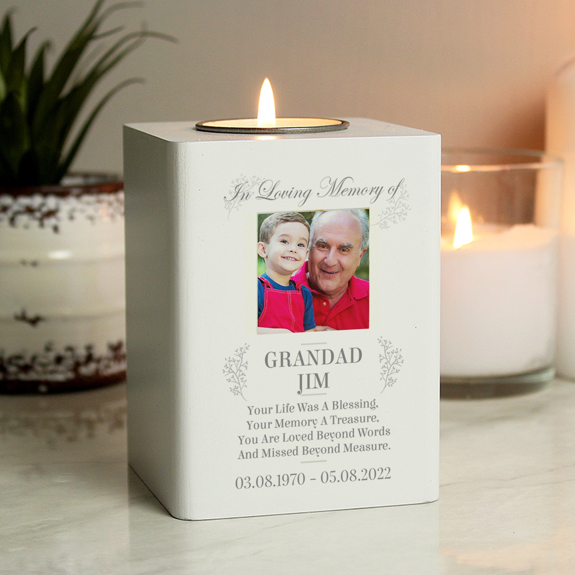 Personalised Memorial Photo Upload White Wooden Tea Light Holder