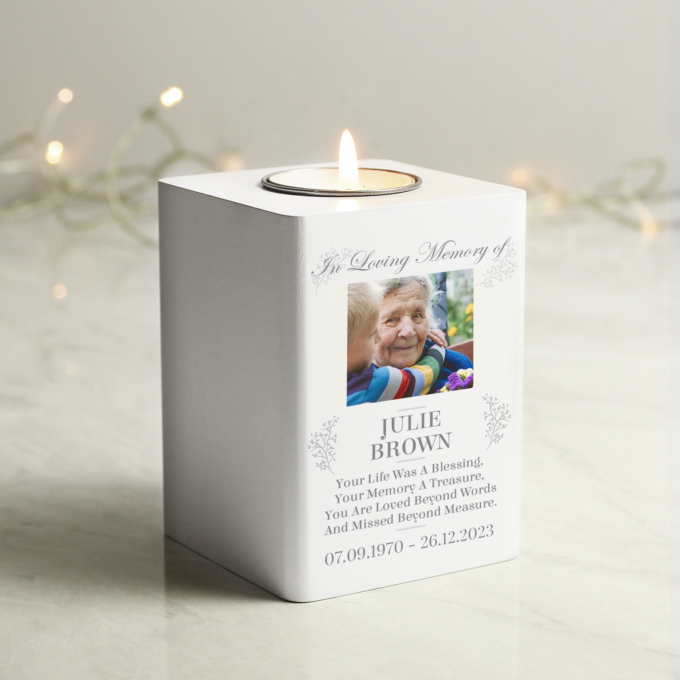 Personalised Memorial Photo Upload White Wooden Tea Light Holder