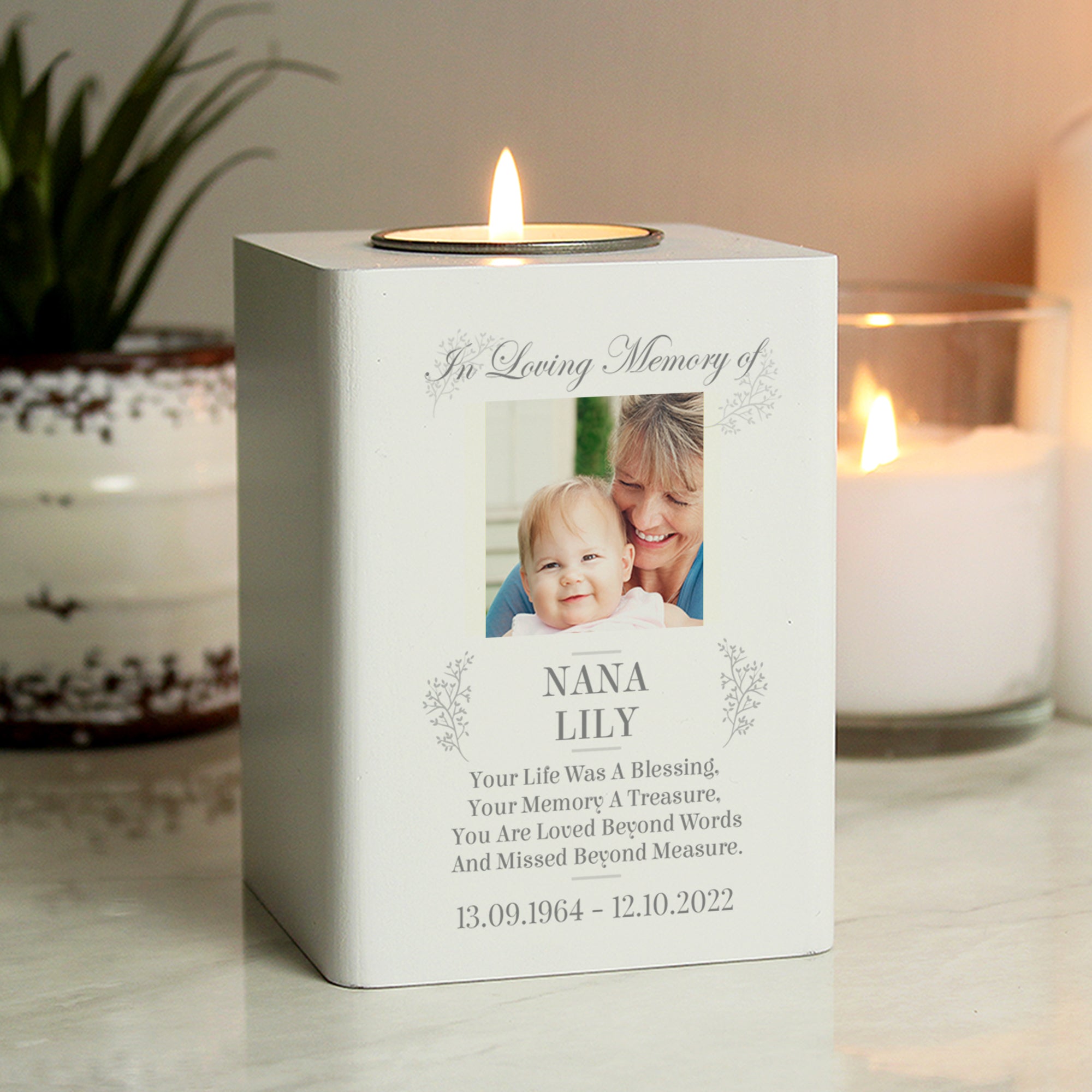 Personalised Memorial Photo Upload White Wooden Tea Light Holder