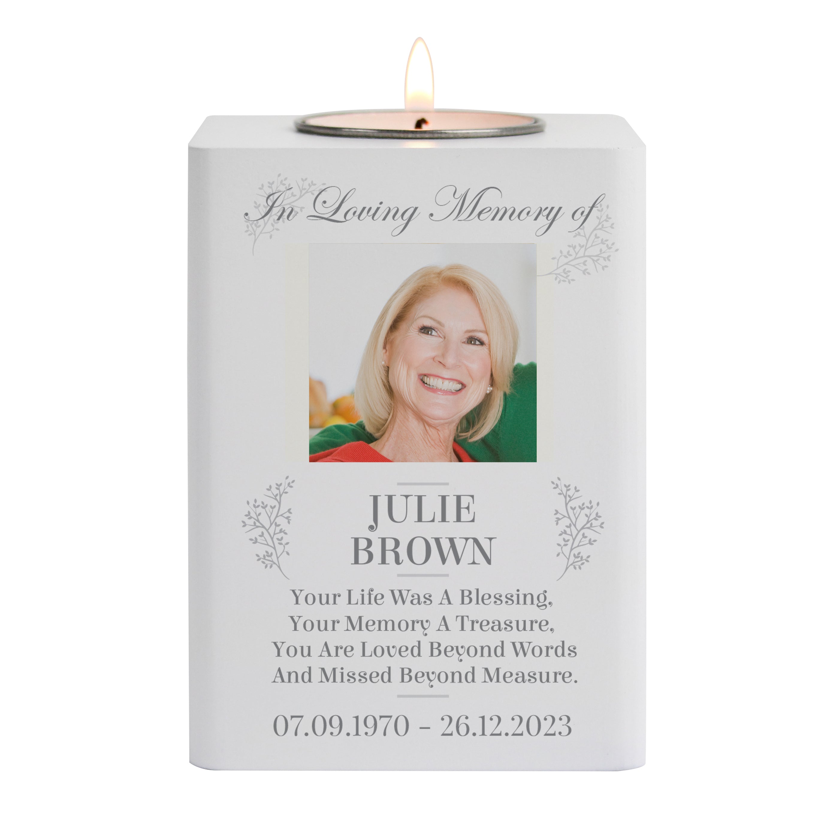 Personalised Memorial Photo Upload White Wooden Tea Light Holder