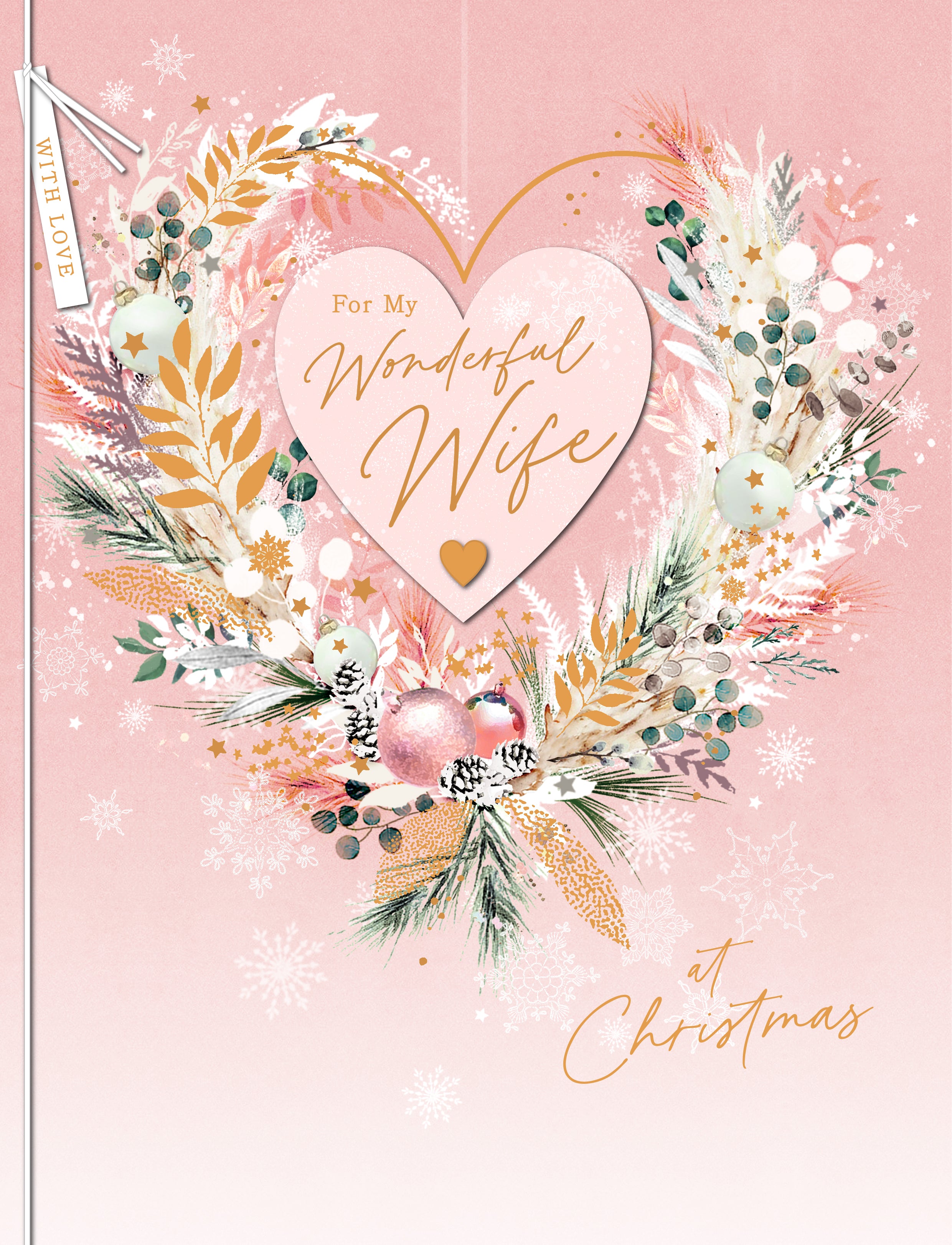 Large Wife Christmas Card - Pink Heart Floral Wreath