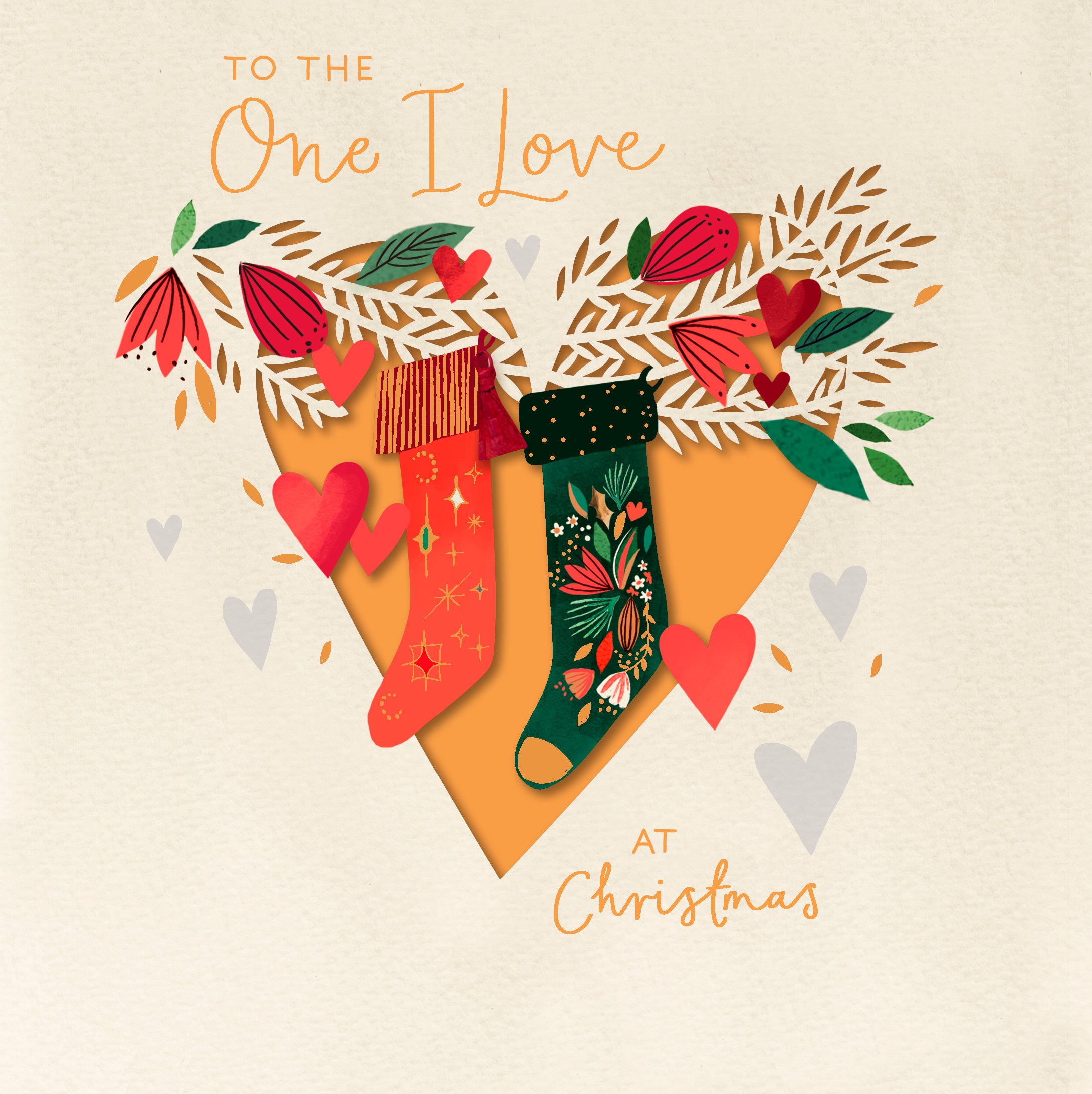 One I Love Christmas Card - Hearts and Stockings