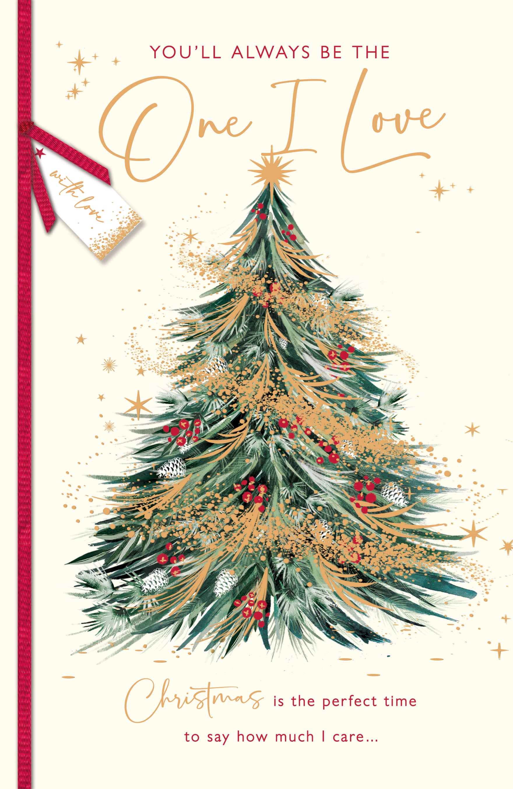 One I Love Christmas Card - Christmas Tree with Gold Tinsel