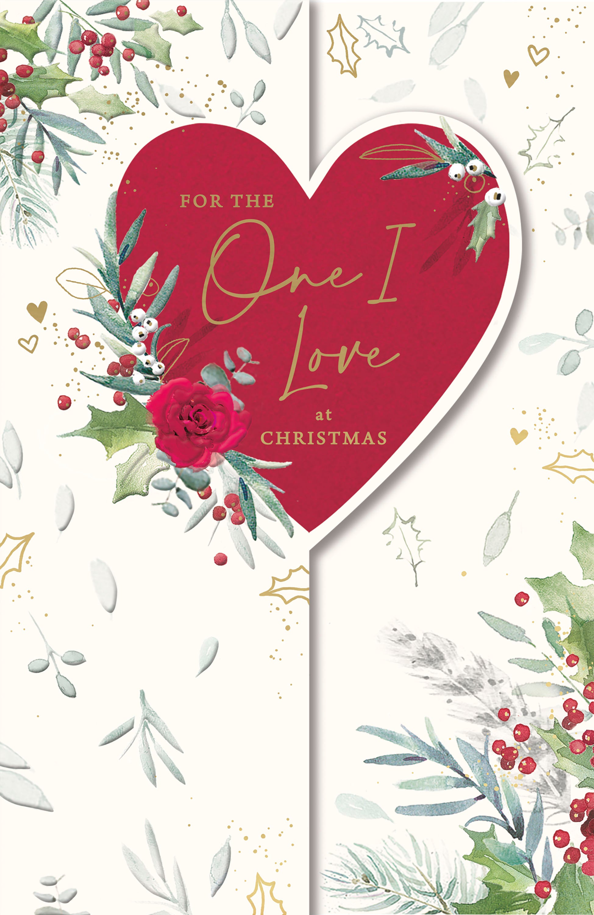 Tri Fold One I Love Christmas Card - Roses, Mistletoes and Hearts