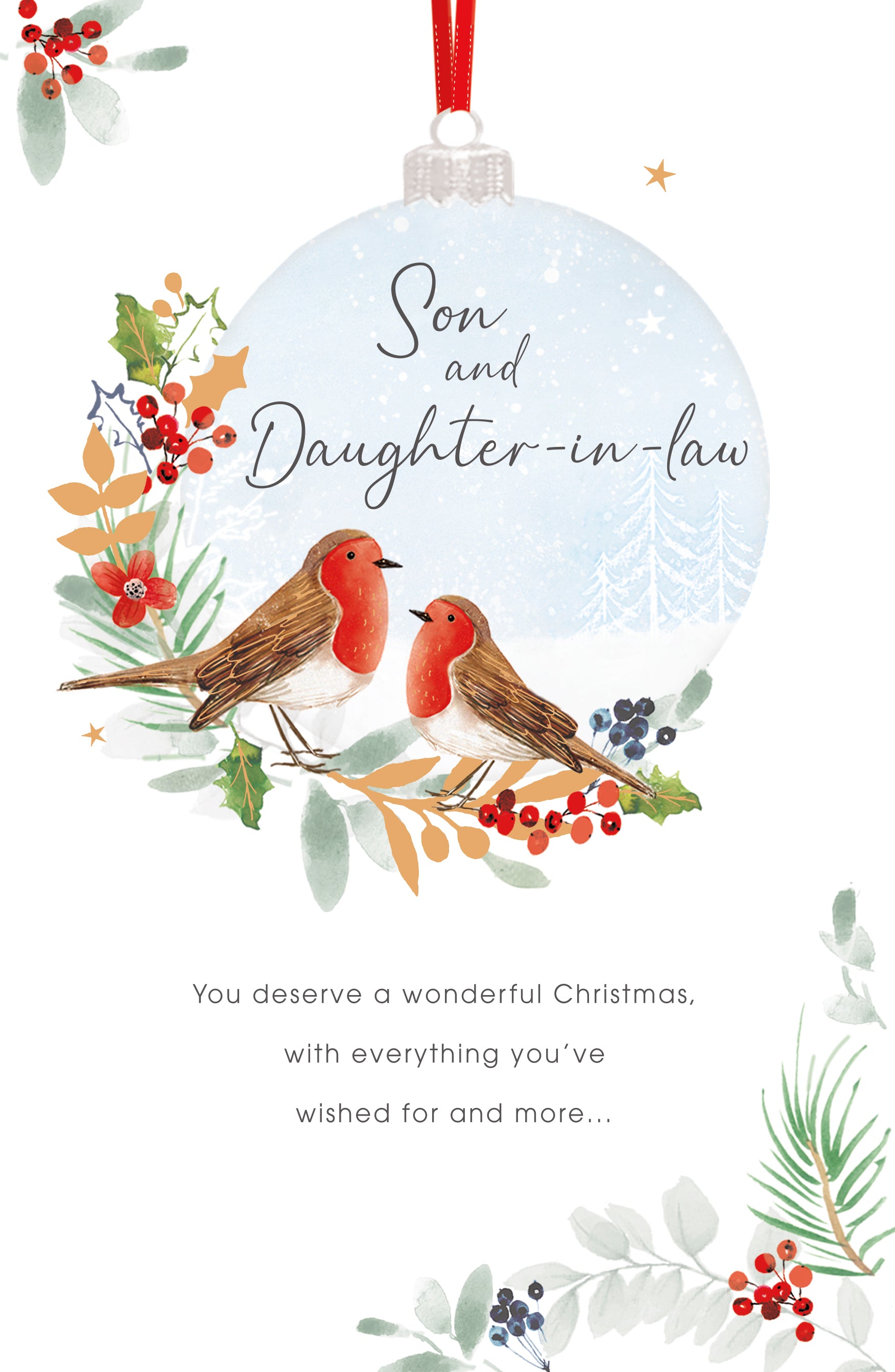 Son & Daughter In Law Christmas Card - Hanging Baubles with Robins & Foliage