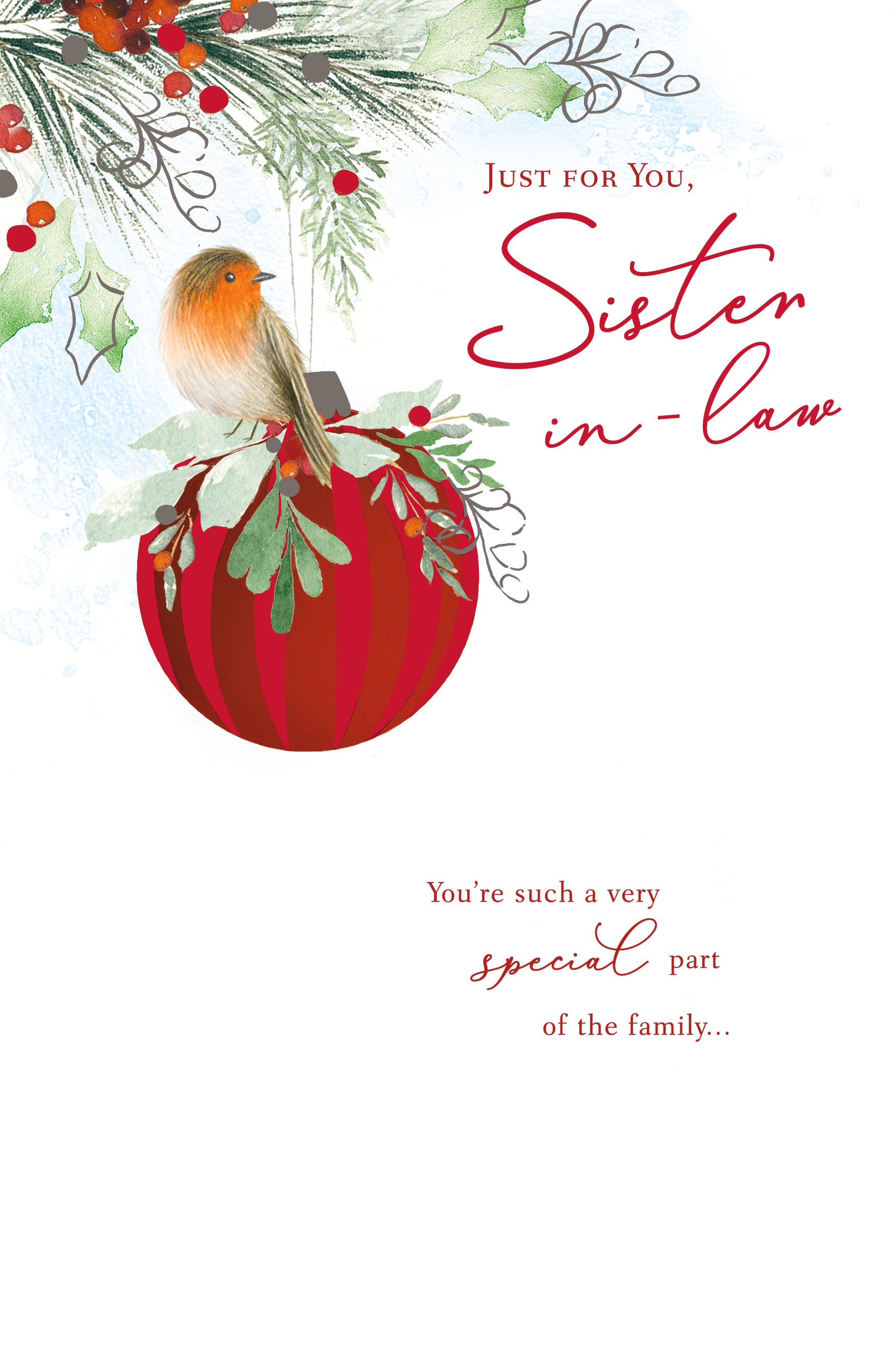 Sister-in-Law Christmas Card - Robin on a Bauble