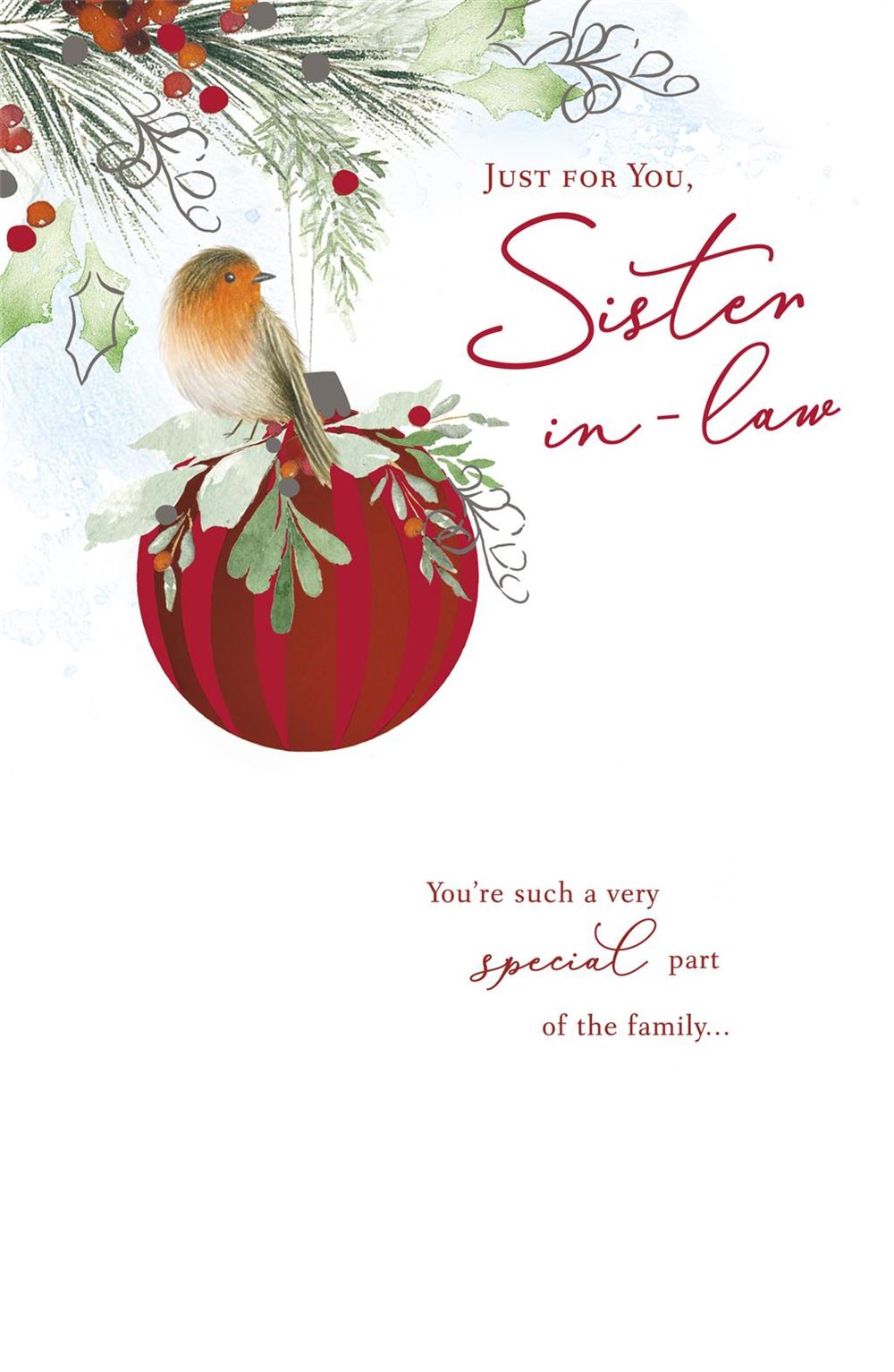 Sister-in-Law Christmas Card - Robin on a Bauble