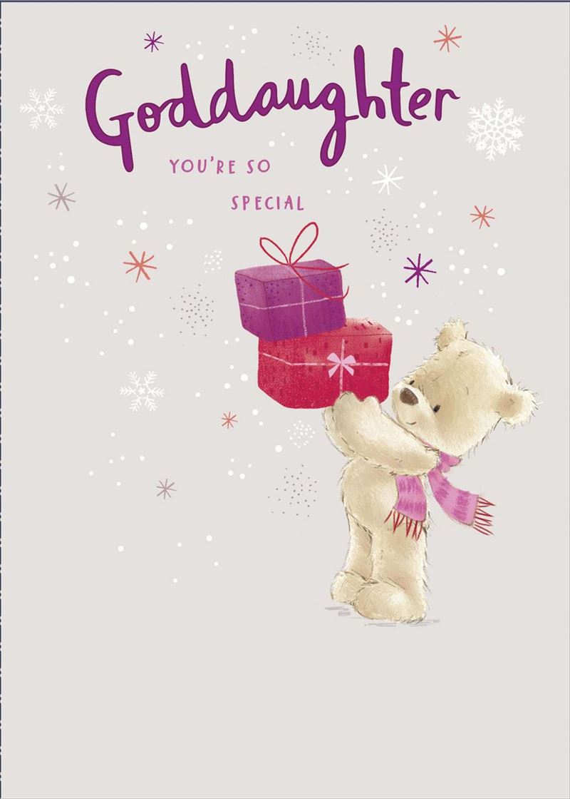 Goddaughter Christmas Card - Cute Teddy Holding Presents