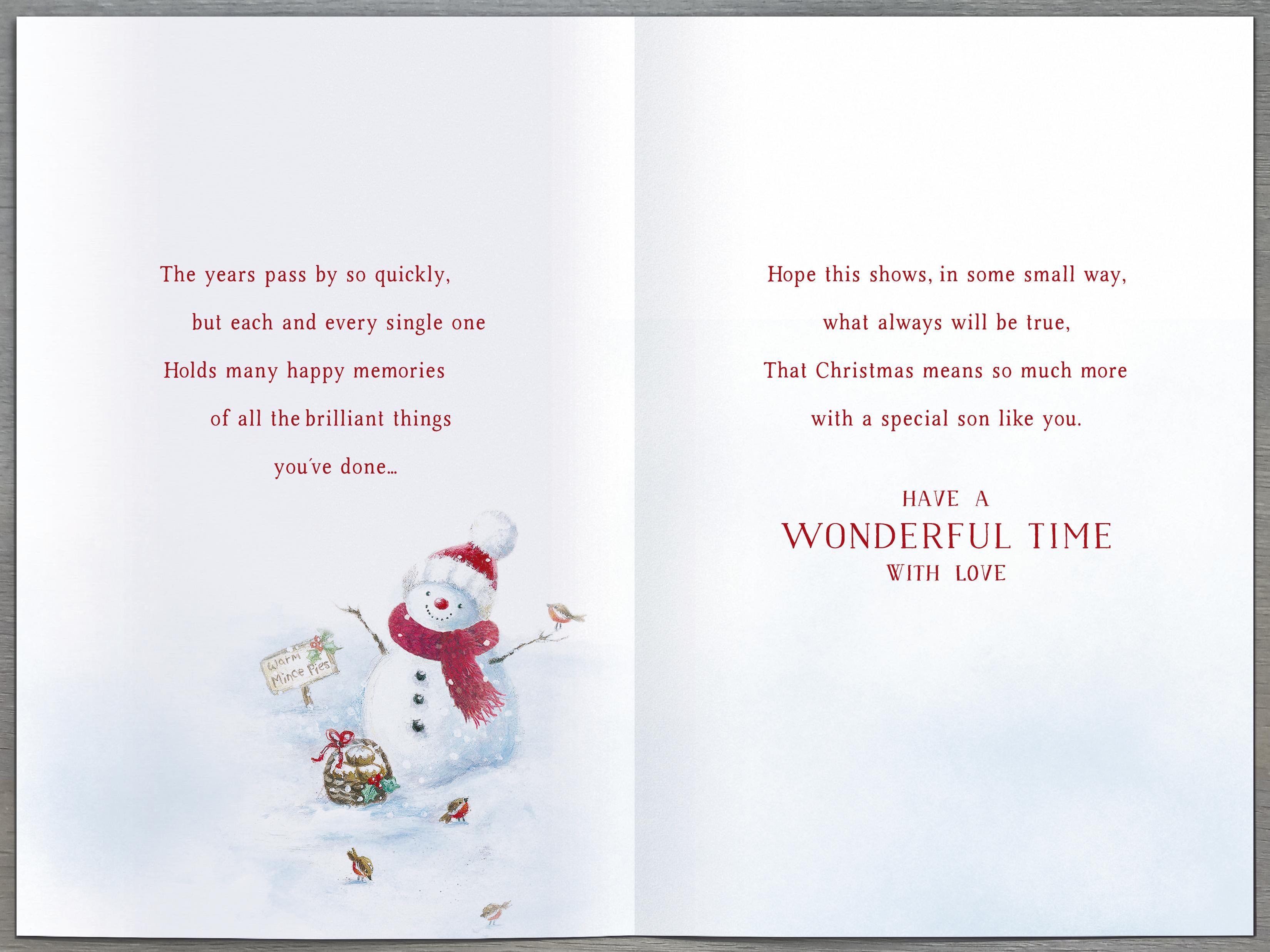 Son Christmas Card -Snowman and a Snowy Setting