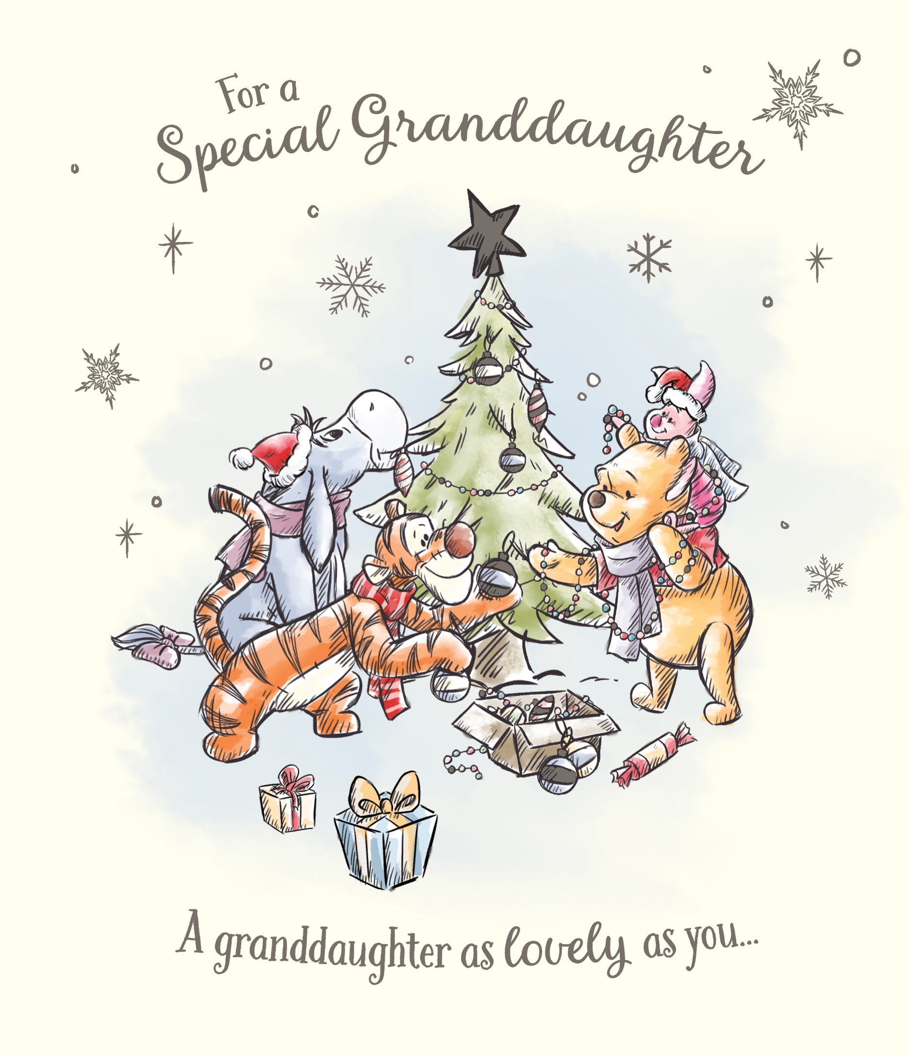 Granddaughter Christmas Card - Pooh Family Dressing the Christmas Tree