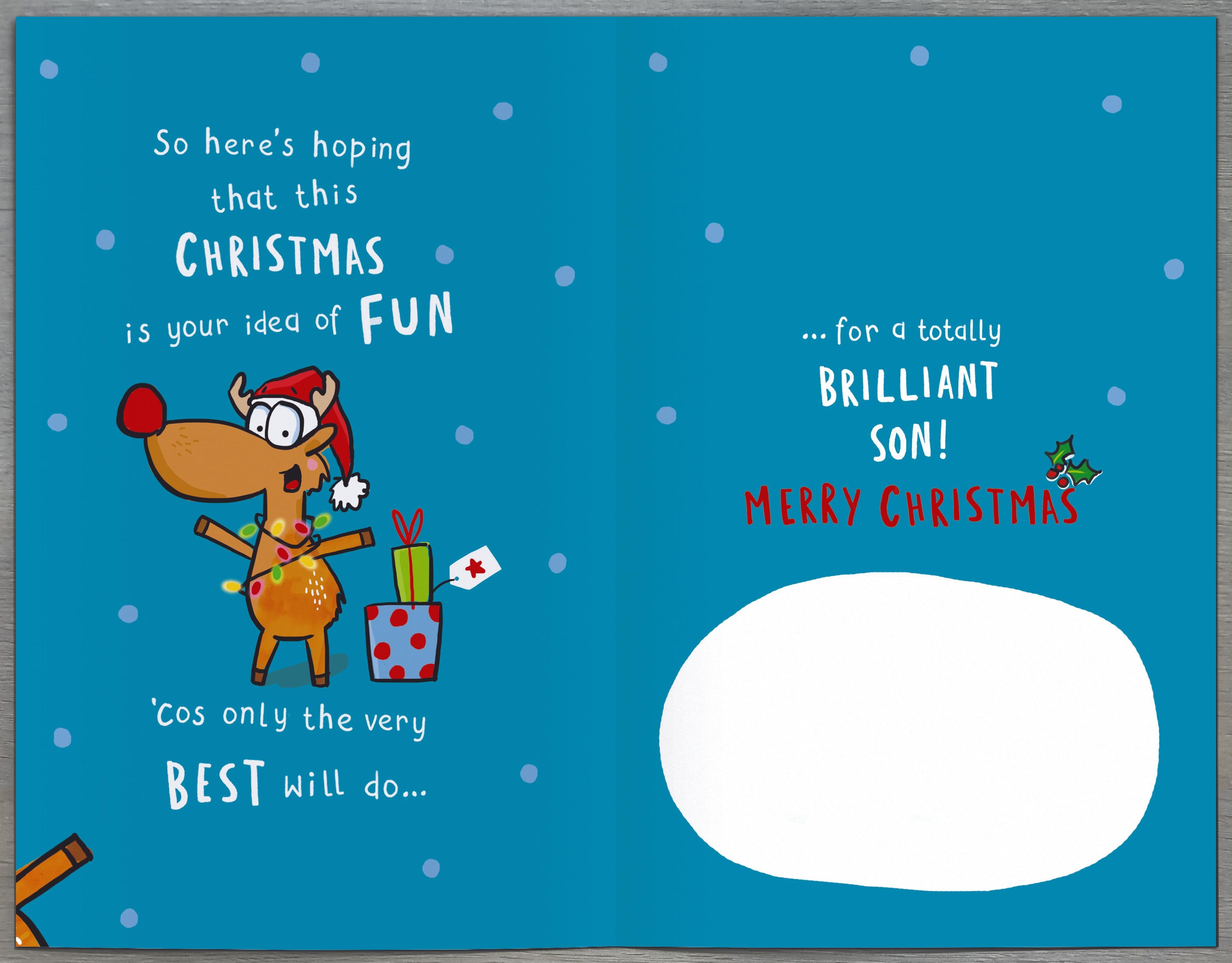 Humorous Tri-Fold Son Christmas Card - Reindeer Fun