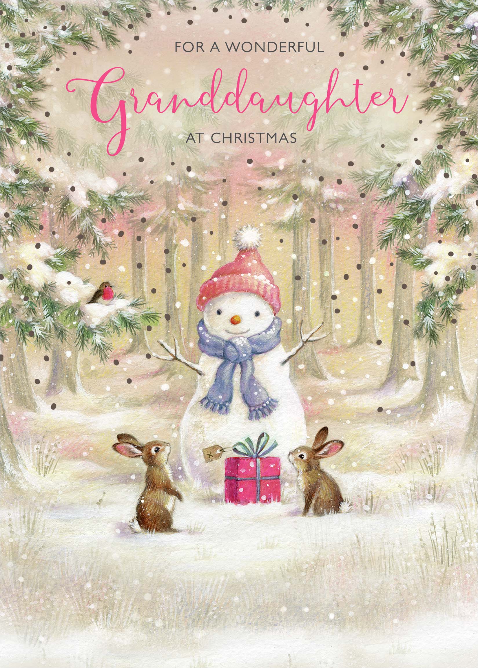 Granddaughter Christmas Card - Snowman and Bunnies