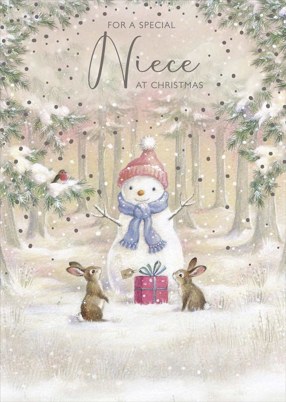 Niece Christmas Card - Snowman, Bunnies