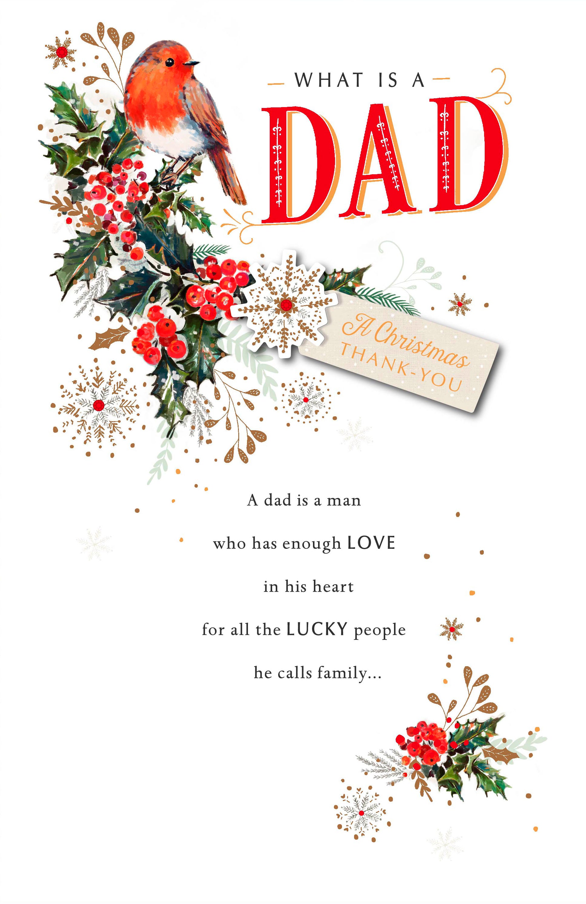 Dad Christmas Card - Robin Perched on a Branch Adorned with Holly Leaves and Red Berries