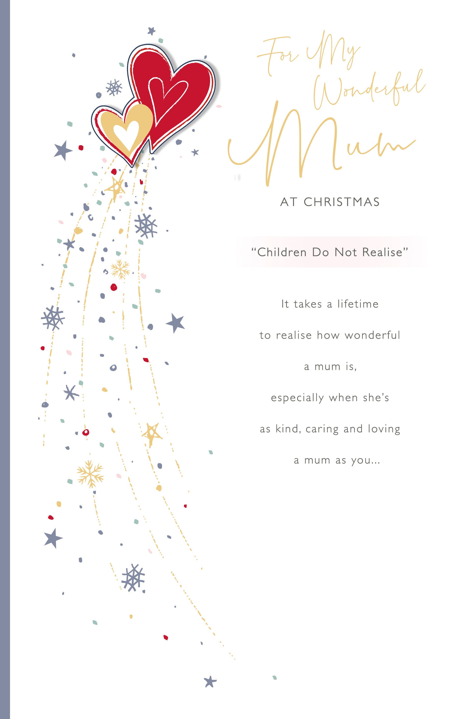 For My Wonderful Mum Christmas Card - Gold and Red Hearts