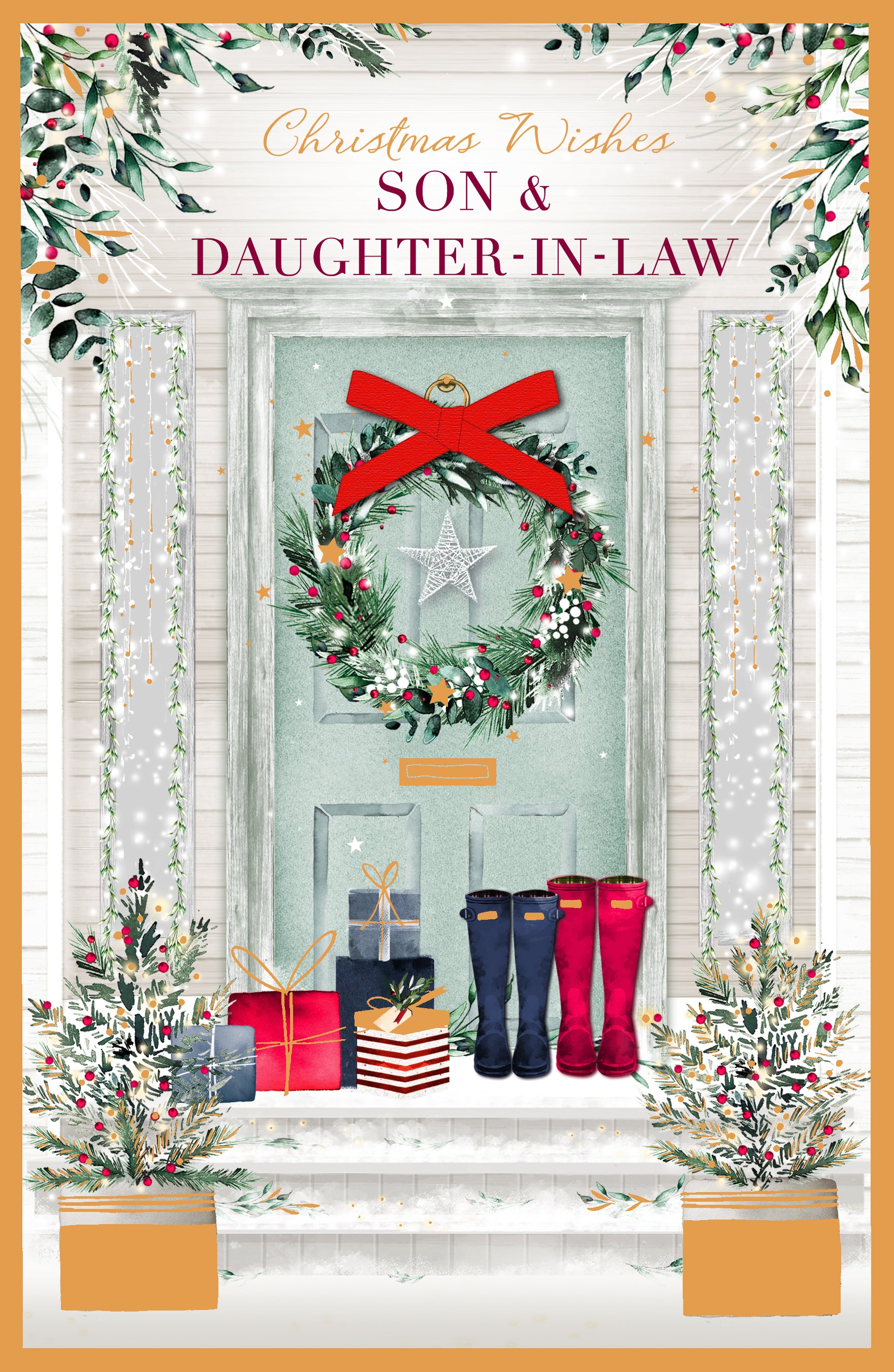 Son & Daughter-in-Law Christmas Card - Wreaths, Gifts and Boots to Celebrate