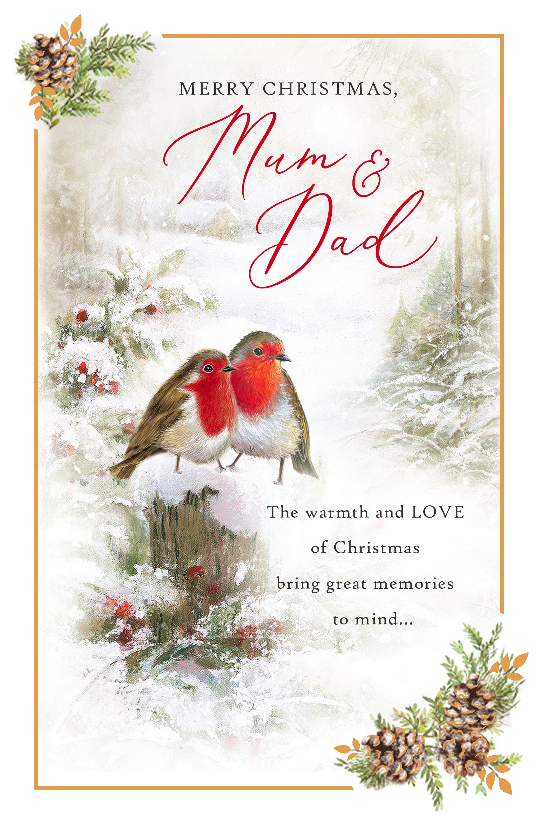 Mum & Dad Christmas Card - Robins and a Snowy Woodland