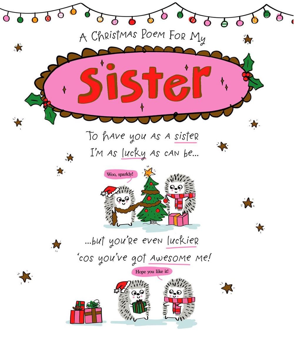 Sister Christmas Card - Hedgehogs - Christmas Poem