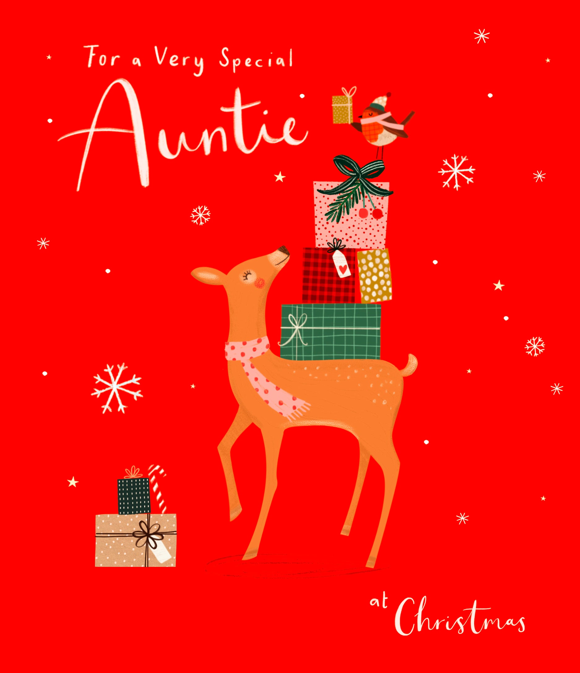 Auntie Christmas Card - Reindeer Joyful with Gifts