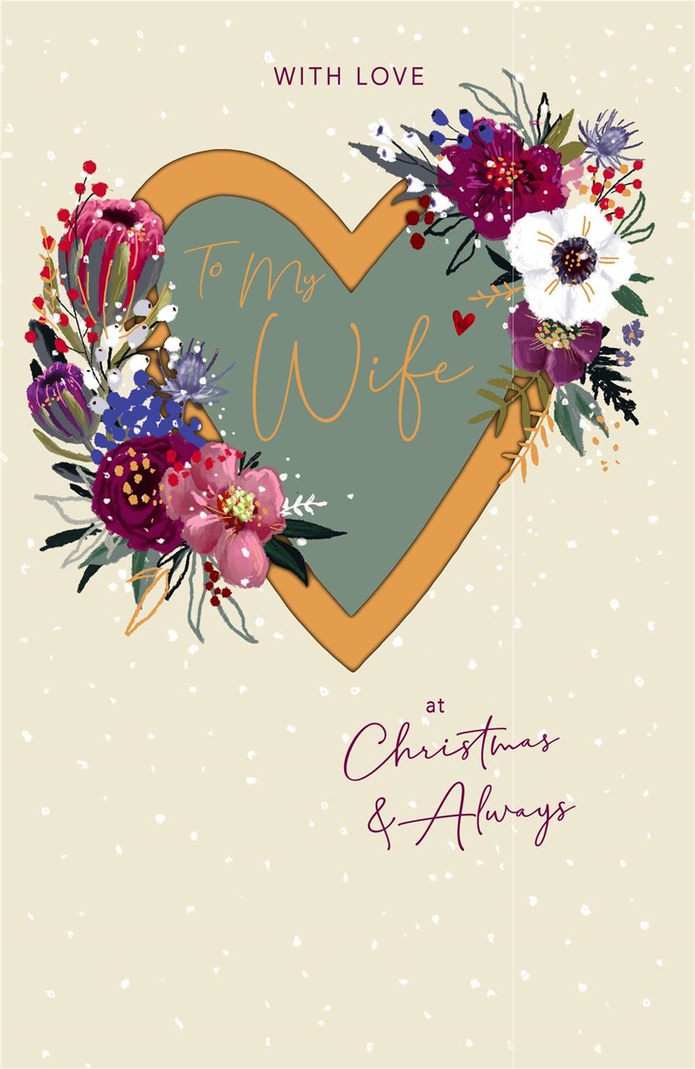 Large Wife Christmas Card - Solid Gold Heart Surrounded by Floral