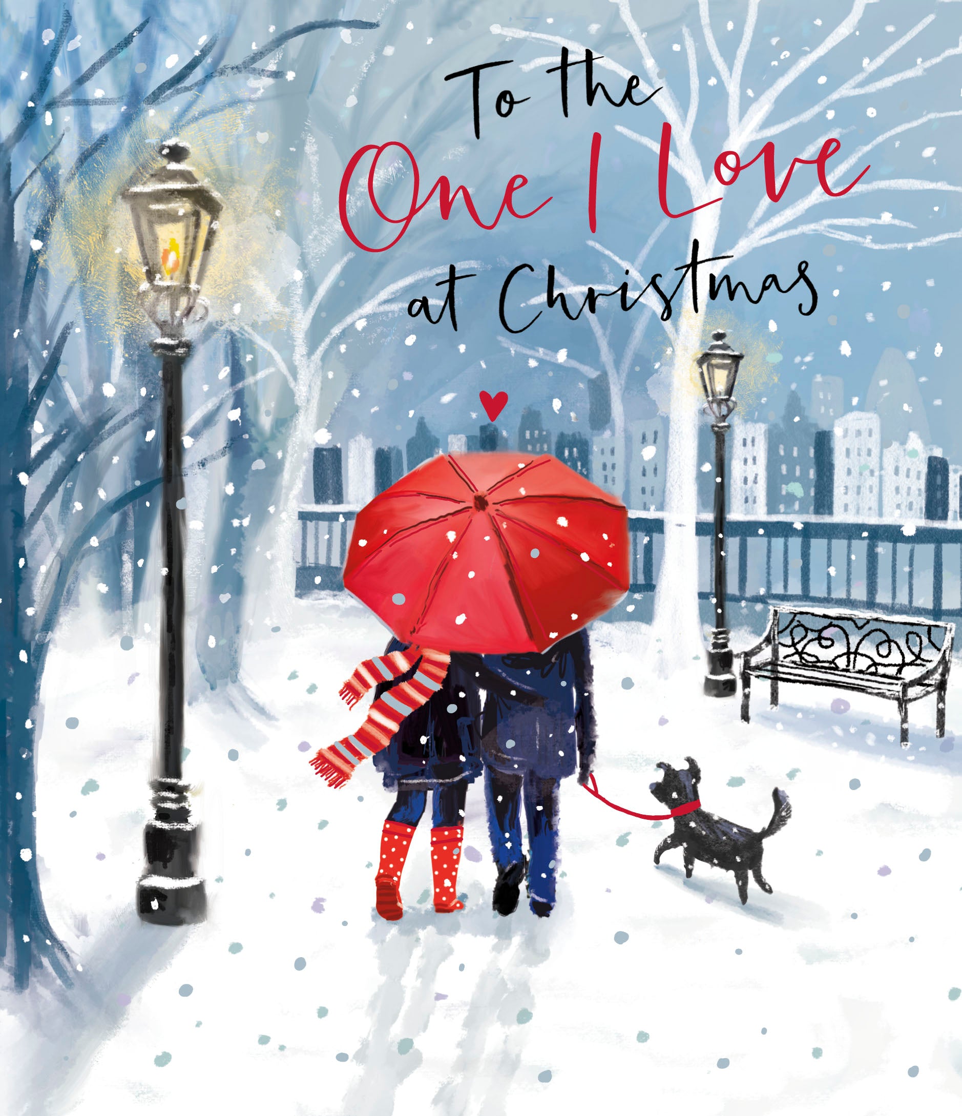 One I Love Christmas Card - Illustration of a Couple Viewing a City Silhouette