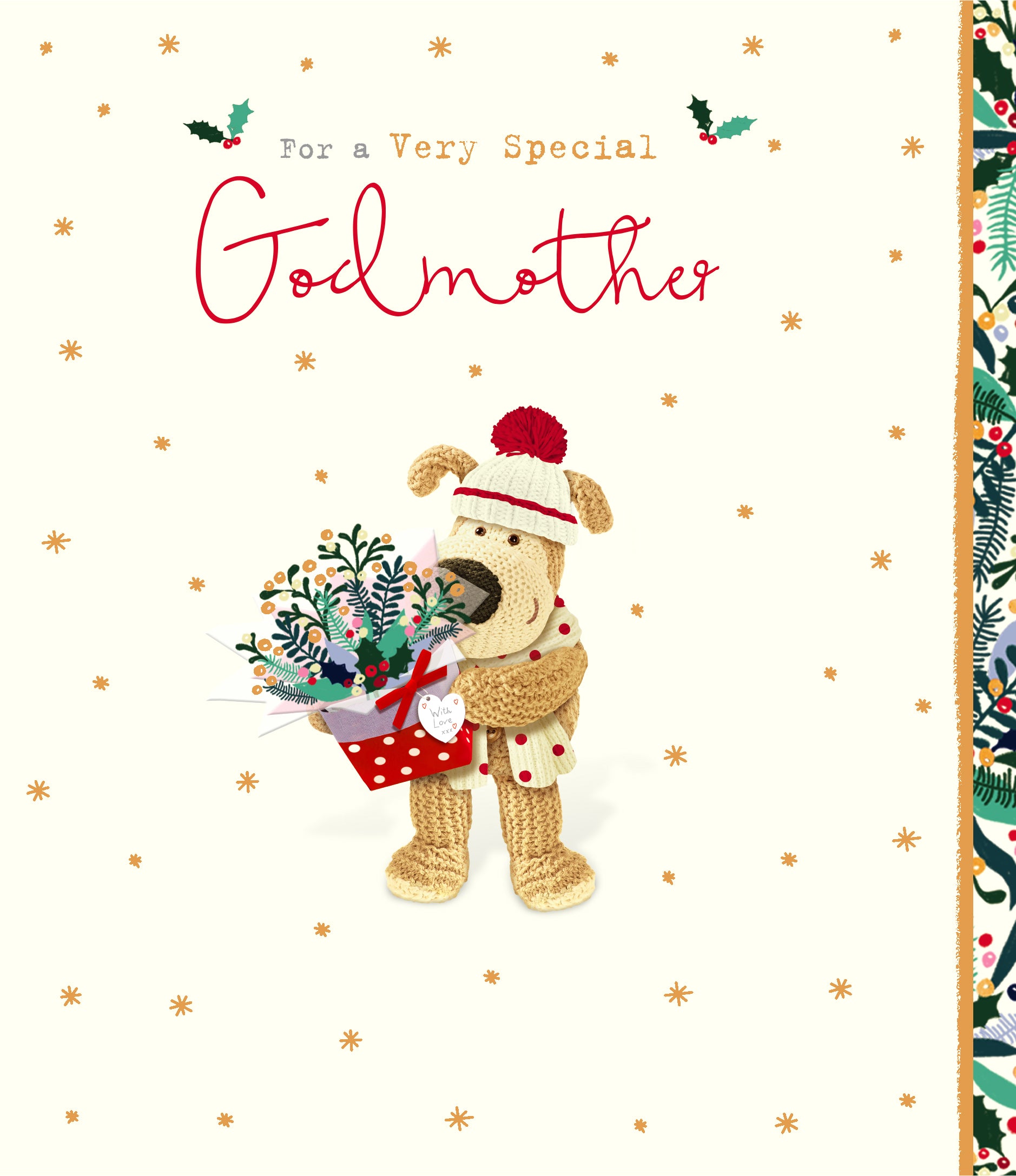 Godmother Christmas Card - Boofles and a Bouquet of Flowers