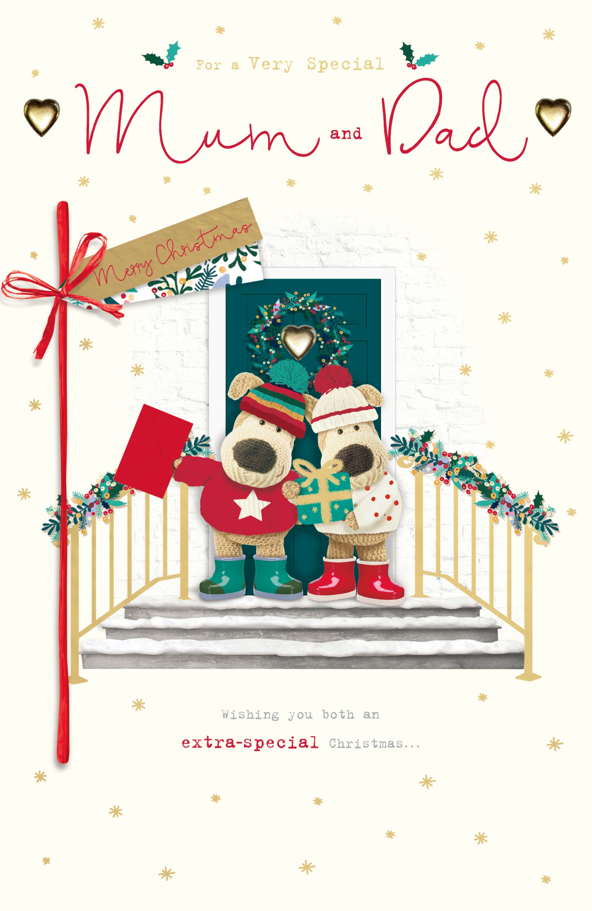 Mum & Dad Christmas Card - Boofles Stood on a Doorstep