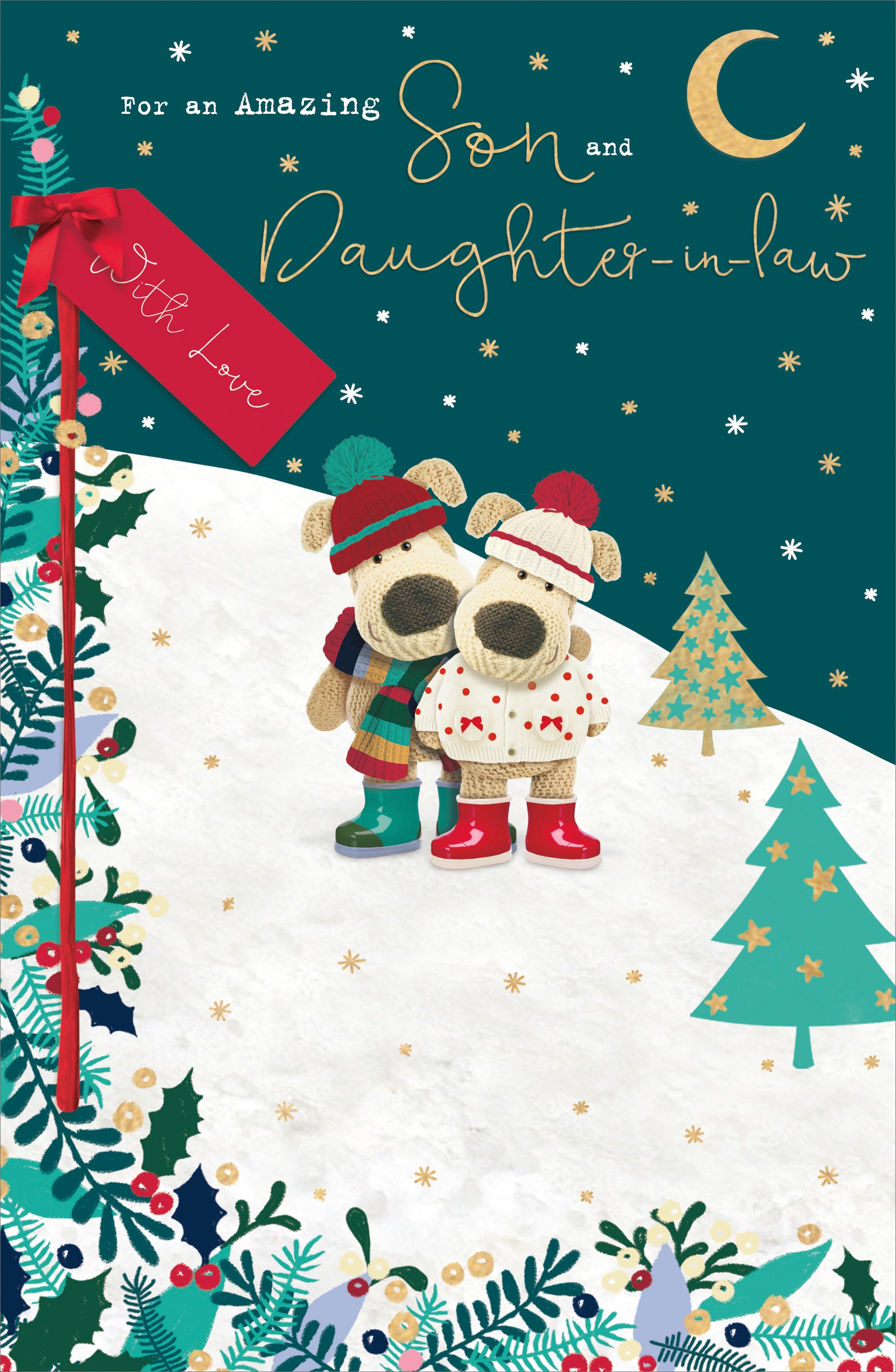 Son & Daughter-in-Law Christmas Card - Boofles in Wellies on a Snowy Day