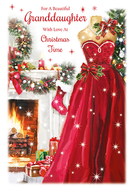 Grandaughter Christmas Card - Christmassy Scene of a Delightful Red Dress