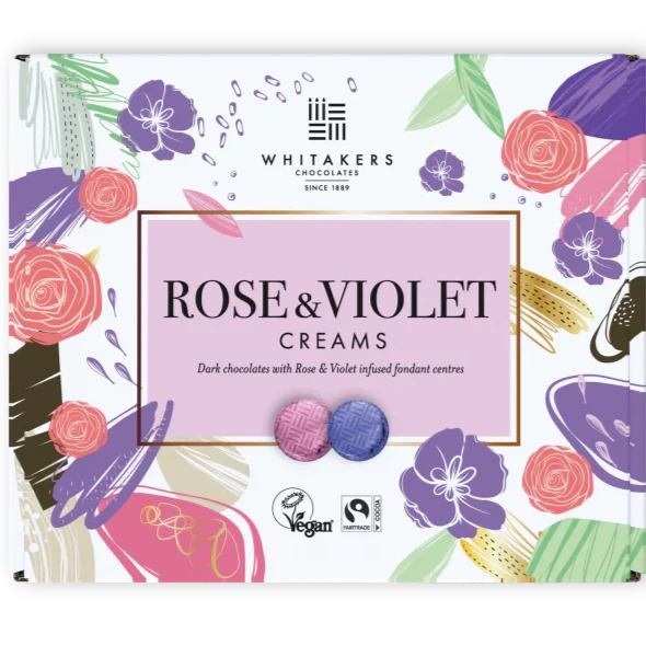 Whitakers Foiled Dark Chocolate Rose and Violet Creams in Carton