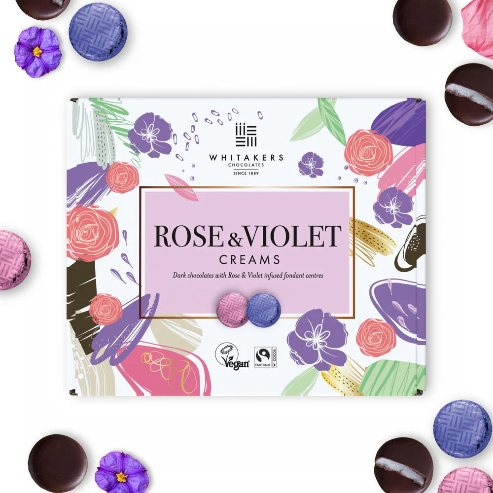 Whitakers Foiled Dark Chocolate Rose and Violet Creams in Carton