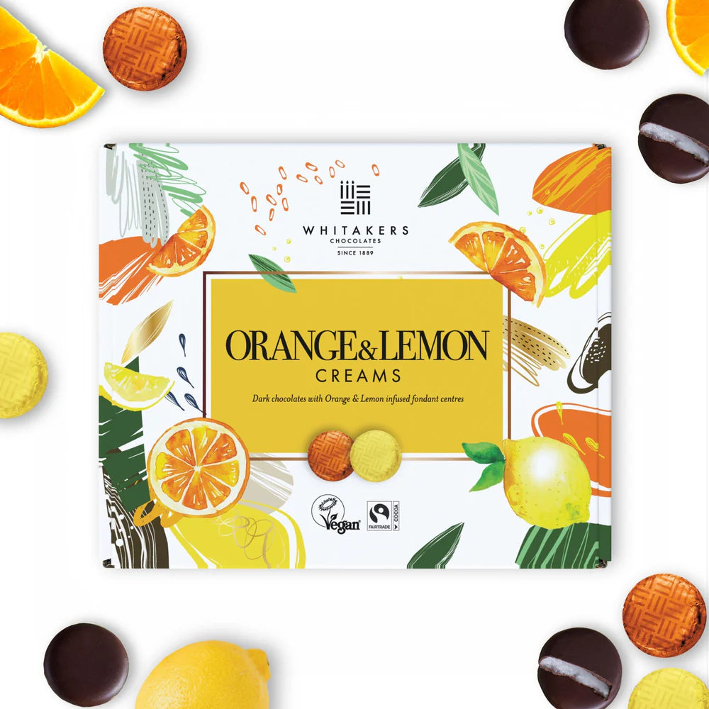 Whitakers Foiled Dark Chocolate Orange and Lemon Creams in Carton