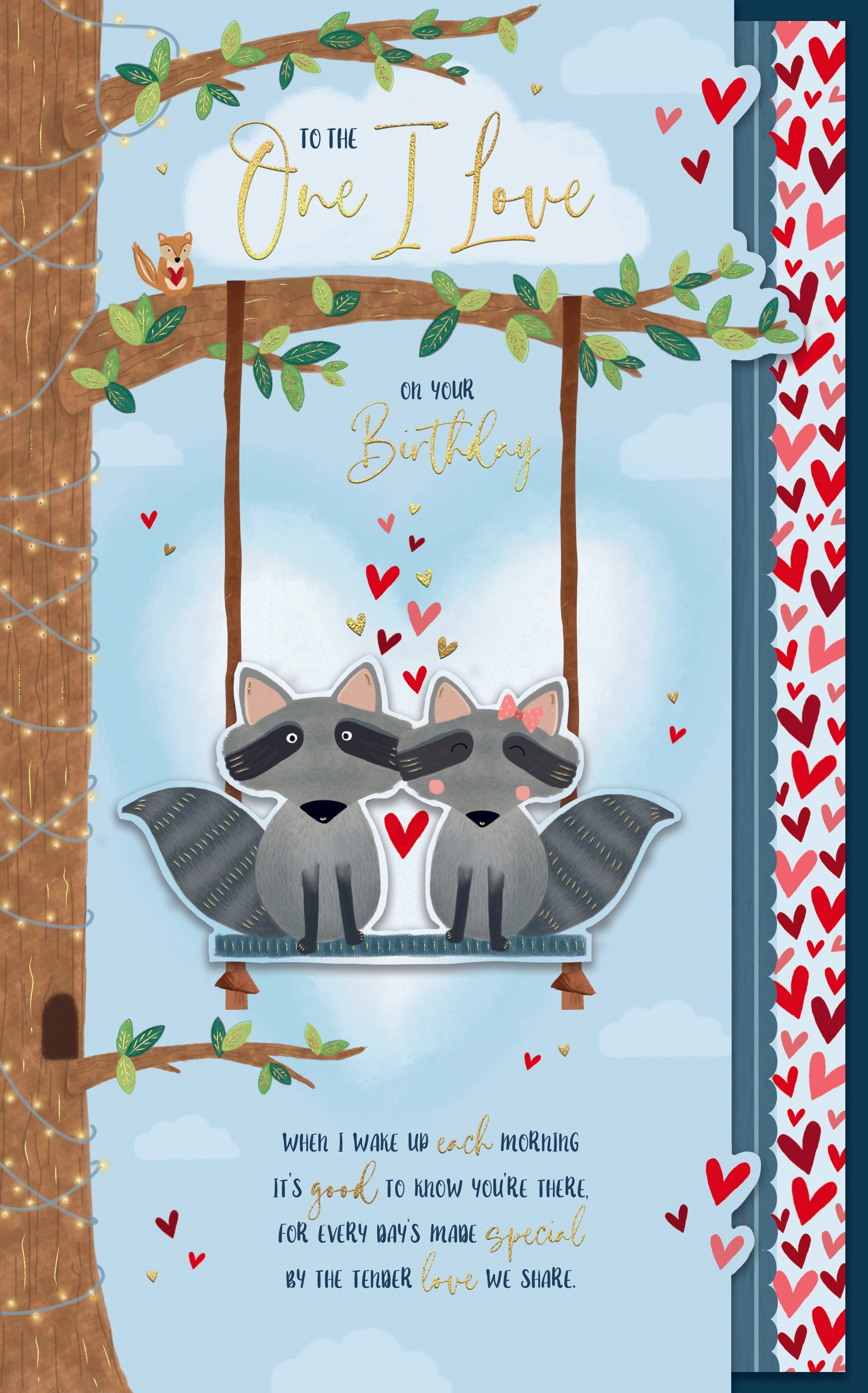 To The One I Love On Your Birthday Large Card - Racoons On Swing