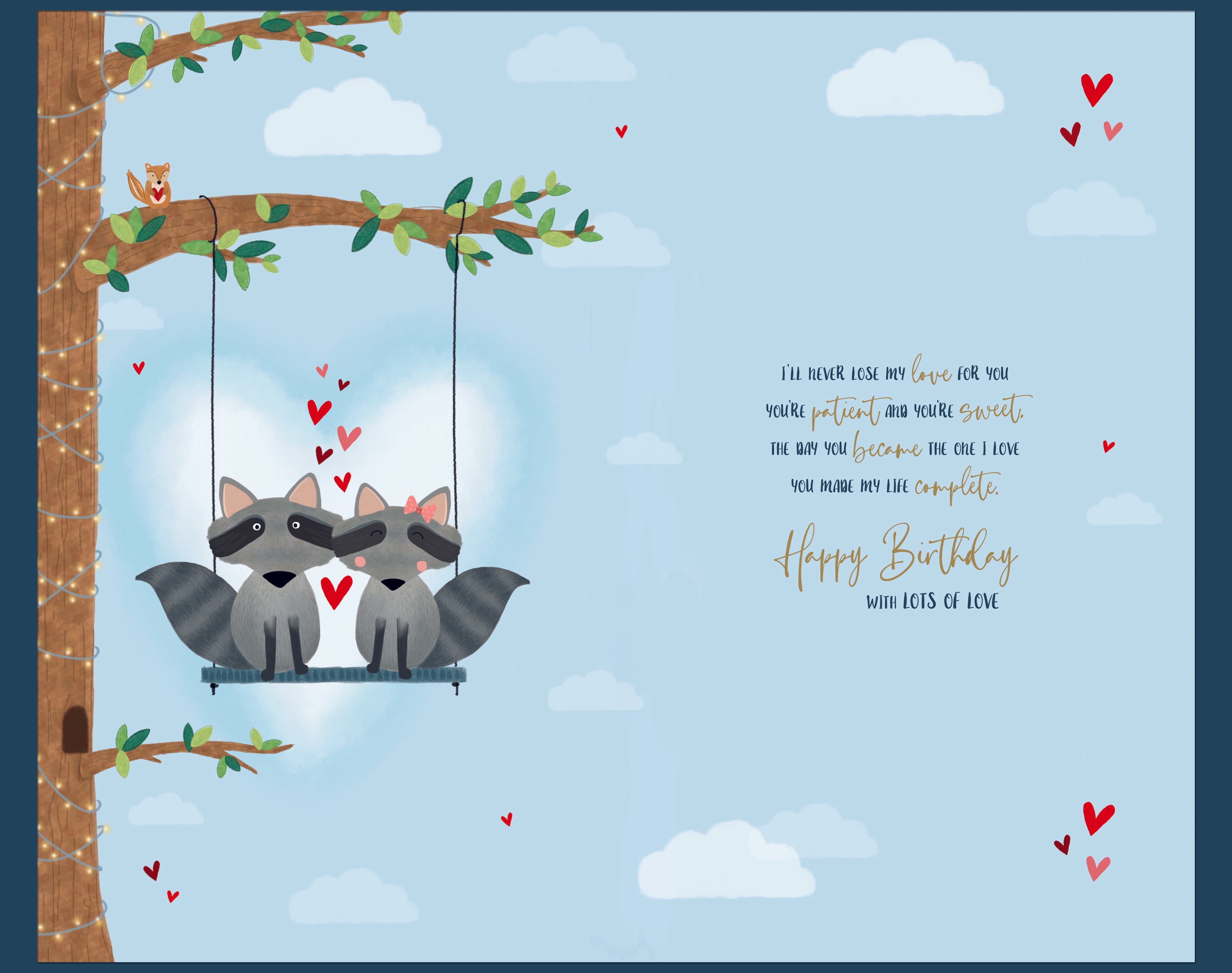 To The One I Love On Your Birthday Large Card - Racoons On Swing