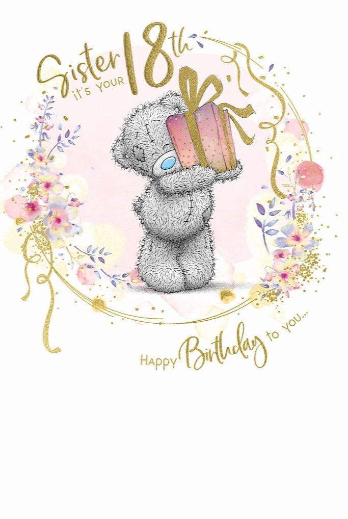 Sister 18th Birthday Card -  Bear Holding Up Gift