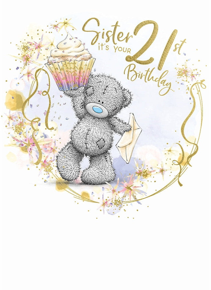 Sister 21st Birthday Card - Bear Holding Up Cupcake