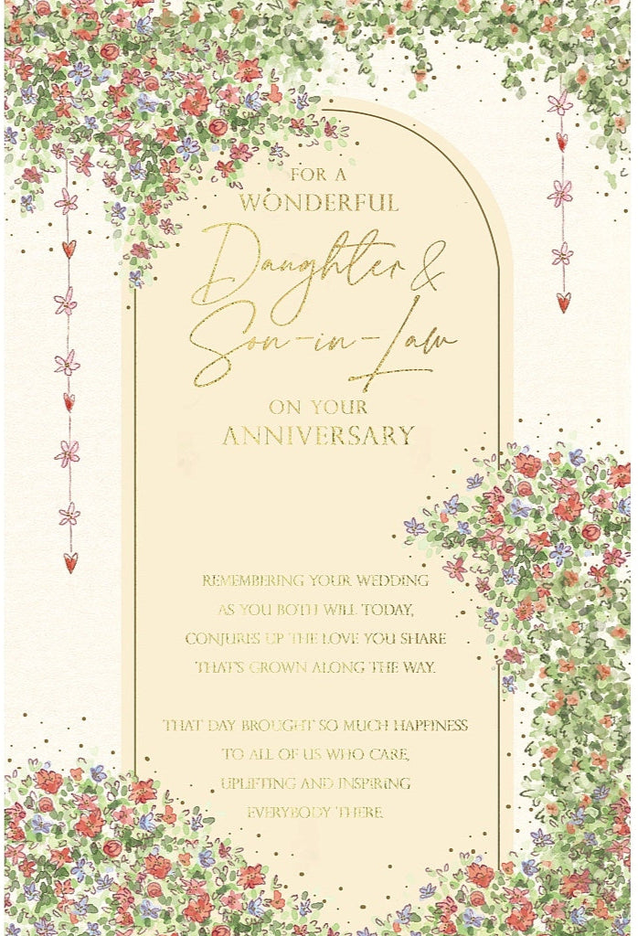 Daughter and Son-In-Law on Your Anniversary Card - Floral Words