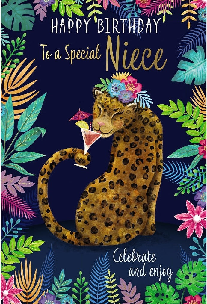 Niece Birthday Card - Leopard Sipping Cocktail