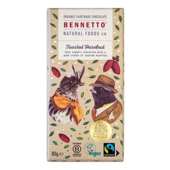 Bennetto Organic & Vegan Friendly 60% Dark Choc Bar With Toasted Hazelnut  - 12x80g