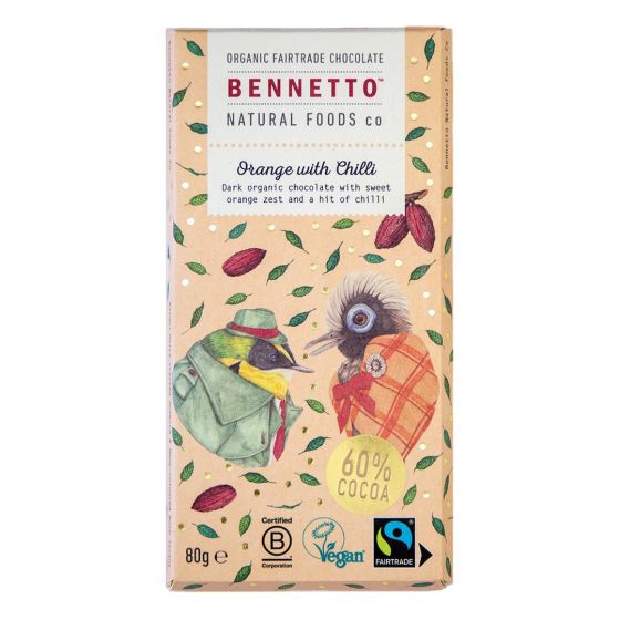 Organic & Vegan Friendly 60% Dark Choc Bar with Orange and Chilli - 12x80g