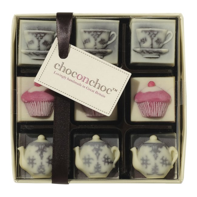 Handmade white and dark chocolate tea set carton - 10x10x3cm